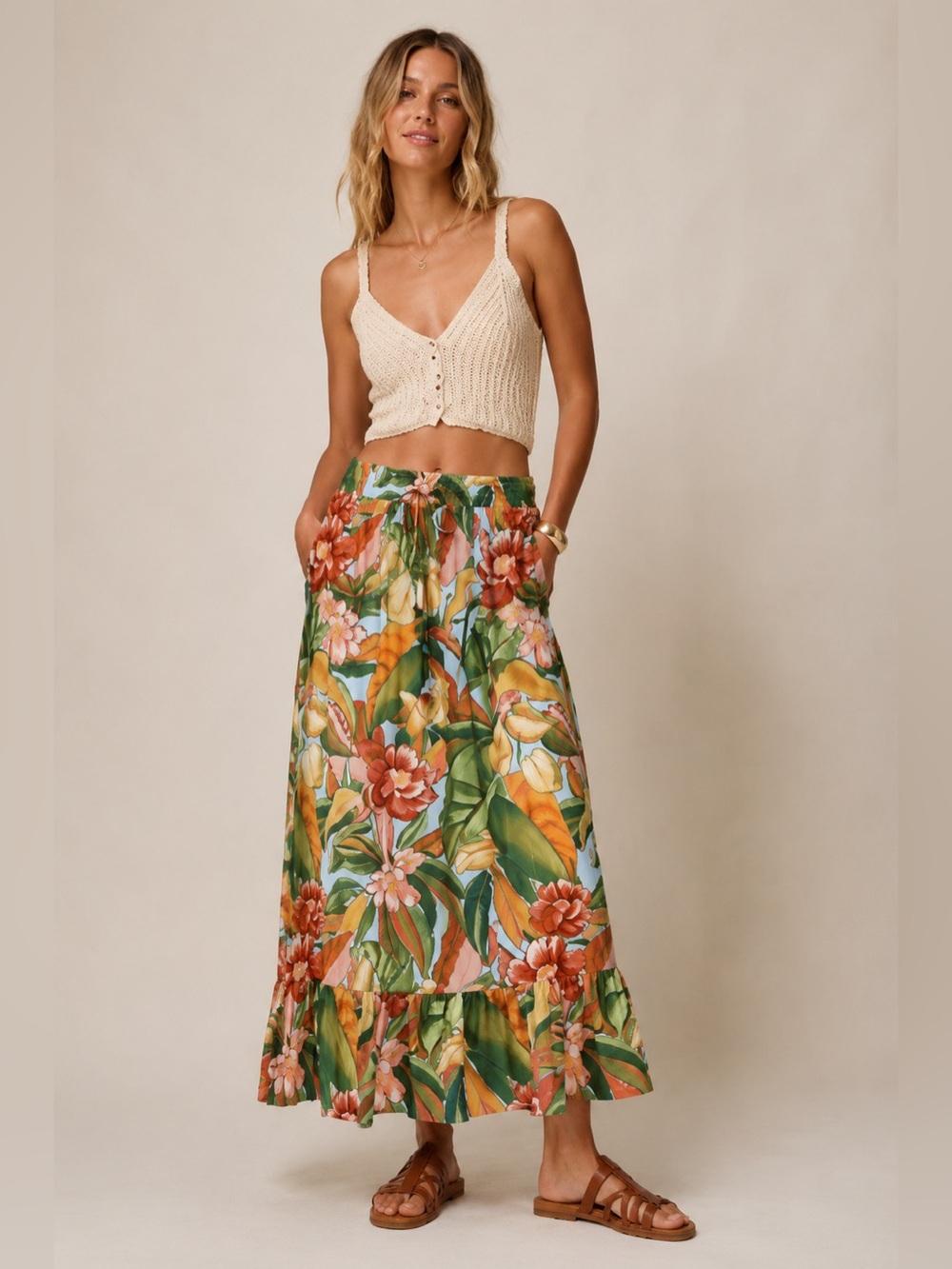 NWT Farm Rio Ruffled Tropical Maxi Skirt